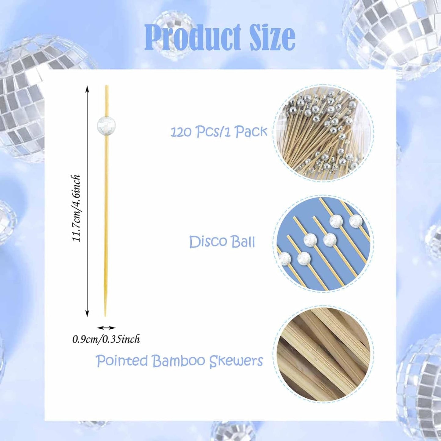 120 Pcs Glitter Ball Cocktail Picks 4.7" Drinks Fruits Hawaiian Party Food Garnish Skewer Sticks Halloween Decorations Supplies Cowboy Handmade Bamboo Toothpicks