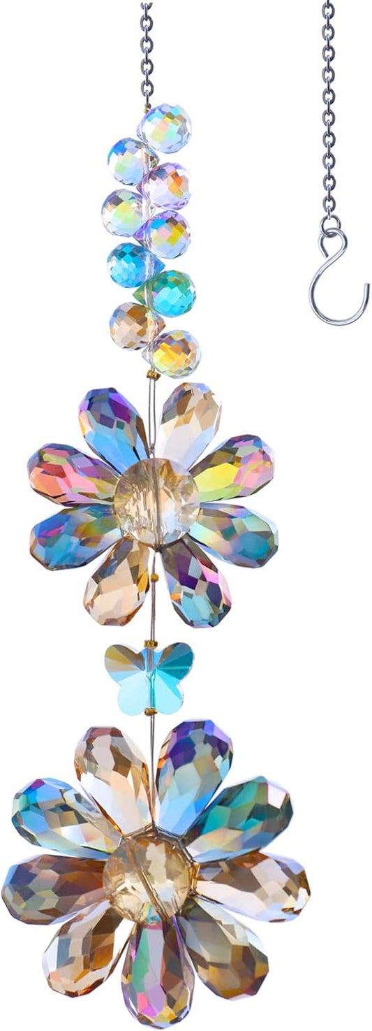 Crystal Flower Suncatcher Hanging Ornament, Rainbow Maker Window Sun Catcher Indoor Outdoor Patio Garden Decor (Deep Multicolor)