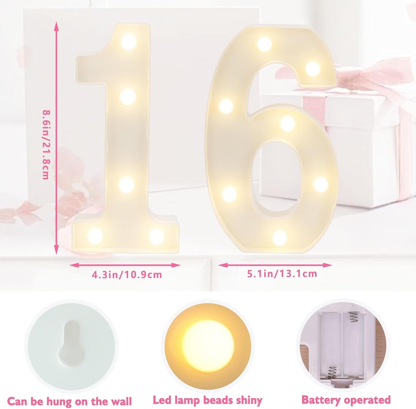 LED Marquee Letter Lights, Decorative Light Up Numbers for 16th Birthday Party, Battery Operated, Warm White Small Marquee 16 Sign for Anniversary Decorations