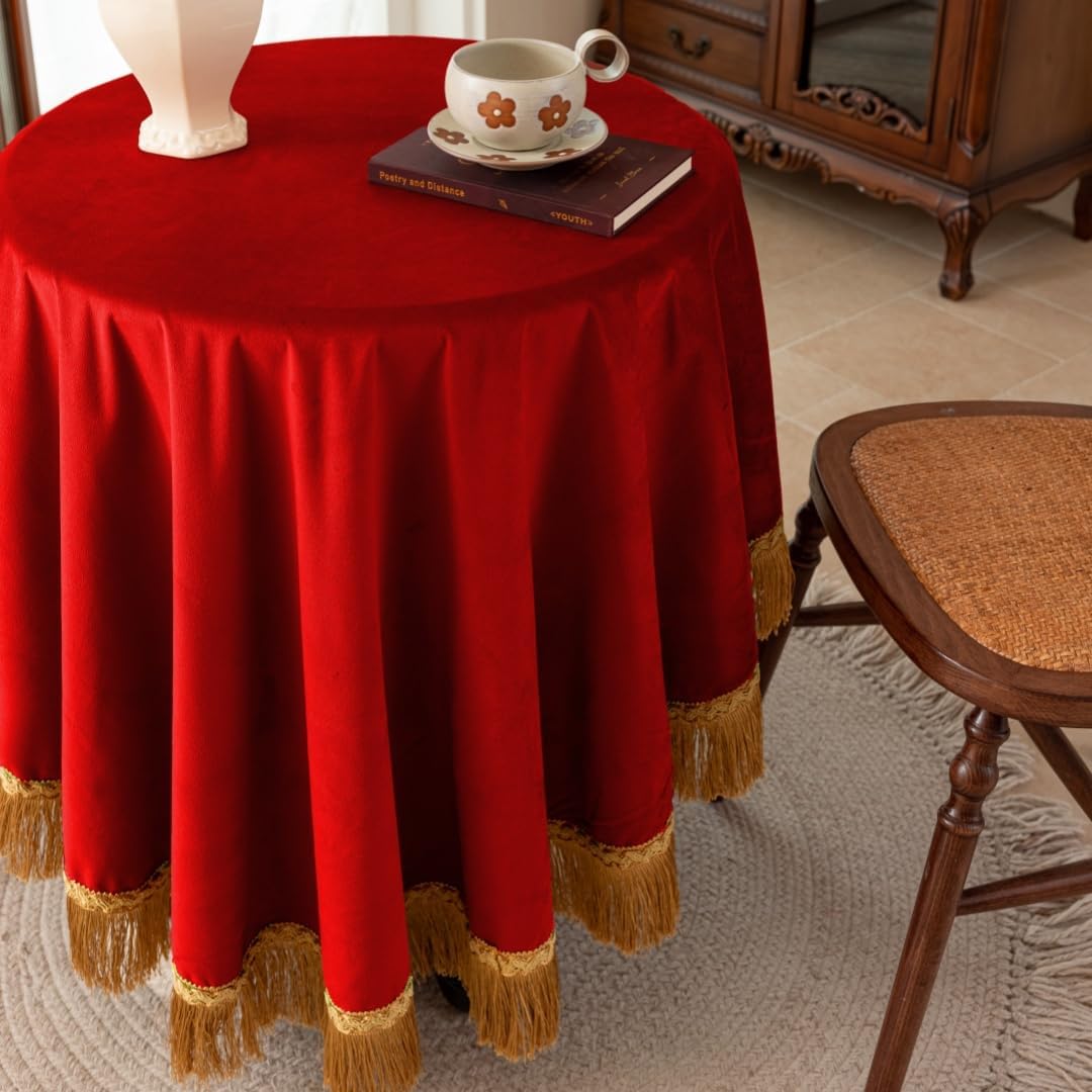 F-CHU Red Tablecloth Thickset Velvet Tablecloth with Beautiful Gold Tassels Vintage Table Cloth for Home Decor Wedding, Party, Banquet and Events 70" Round