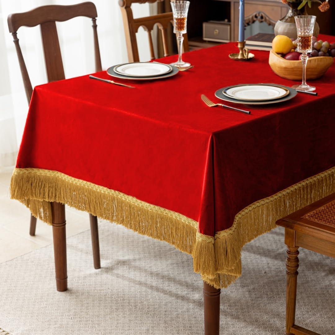 F-CHU Red Tablecloth Thickset Velvet Tablecloth with Beautiful Gold Tassels Vintage Table Cloth for Home Decor Wedding, Party, Banquet and Events 60x60-Inch
