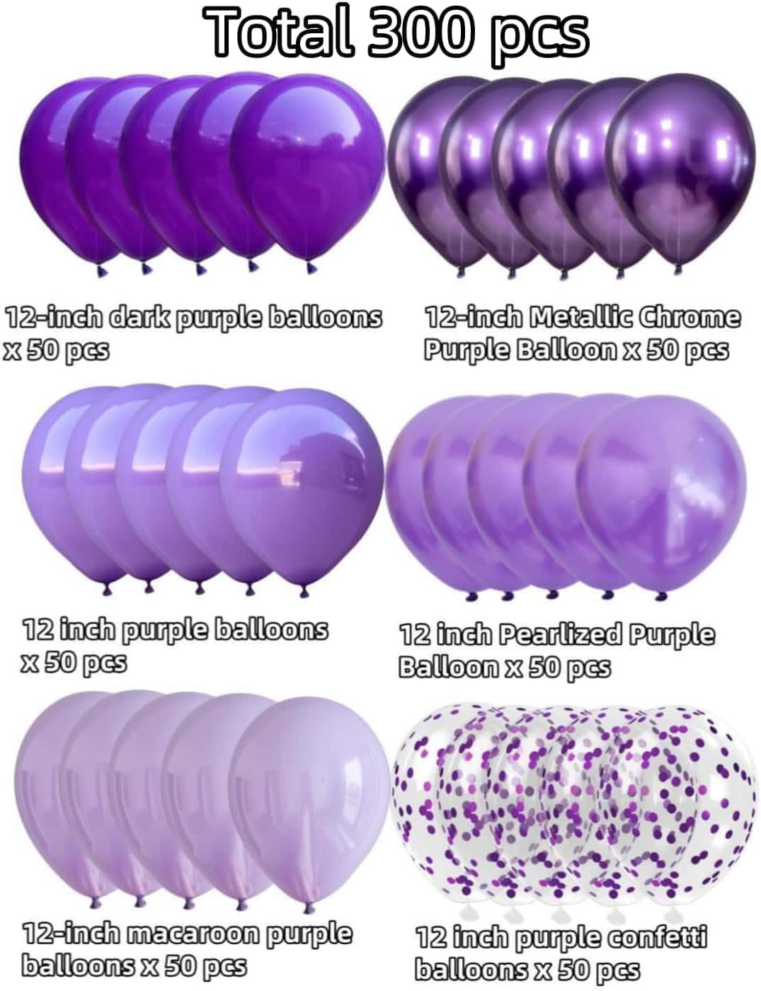 300 Pcs Lavender Purple Balloons Set 12 Inch Different Shades of Purple Party Balloon Set, Suitable for Wedding, Graduation, Birthday Party Various Event Decorations