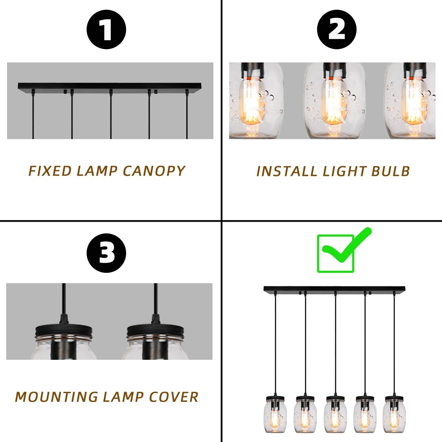 Glass Mason Jar Light Fixtures, 5-Light Adjustable Height Pendant Ceiling Lights Flush Mount - Black Country Farmhouse Lights for Kitchen Dining Room Foyer Stairway Hallway Entryway Porch