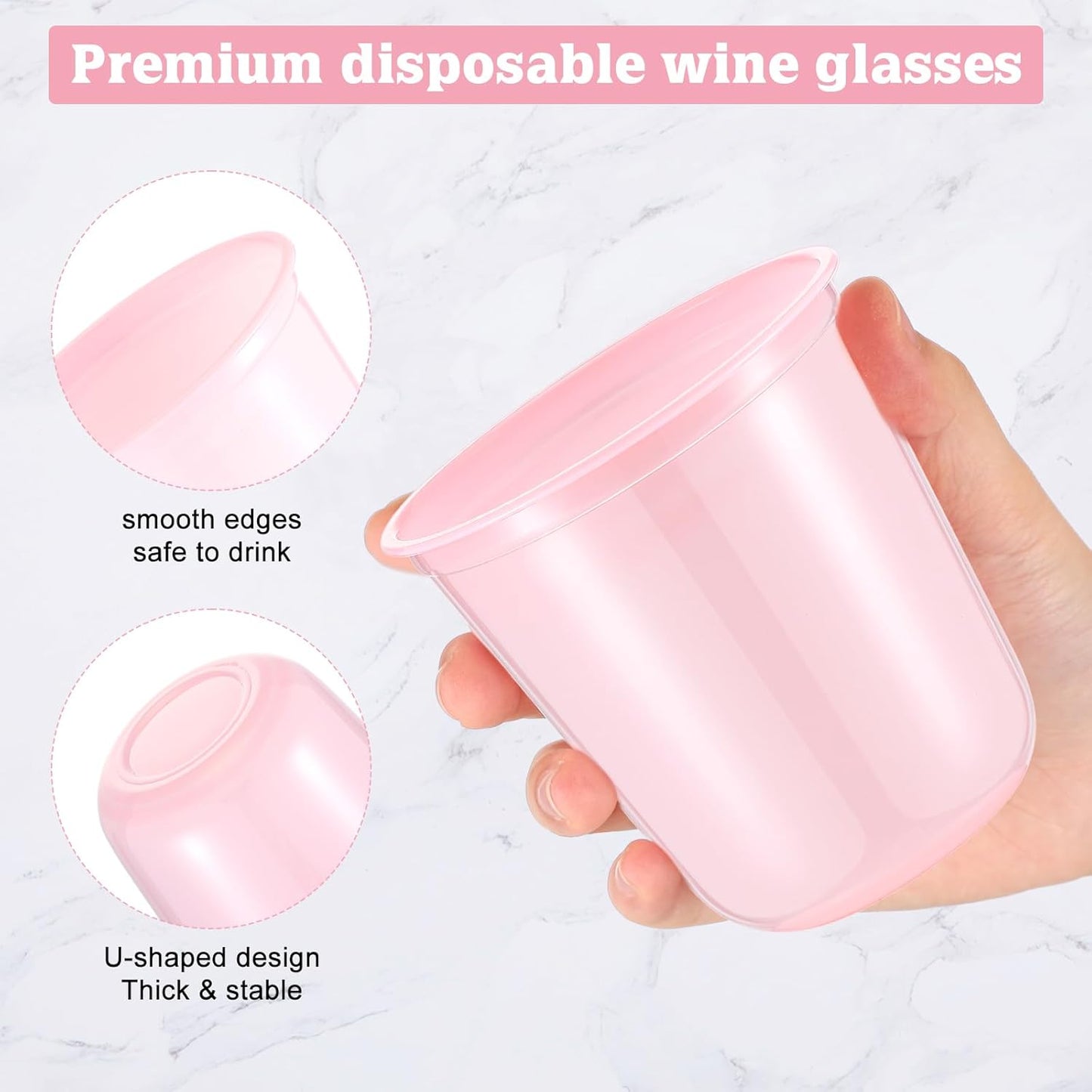 50pcs Disposable Stemless Glasses 12oz Crystal Plastic Wine Glasses Clear Classic Pet Cup for Meeting Weddings Birthdays Cocktail Christmas Party Supplies (Pure Pink)