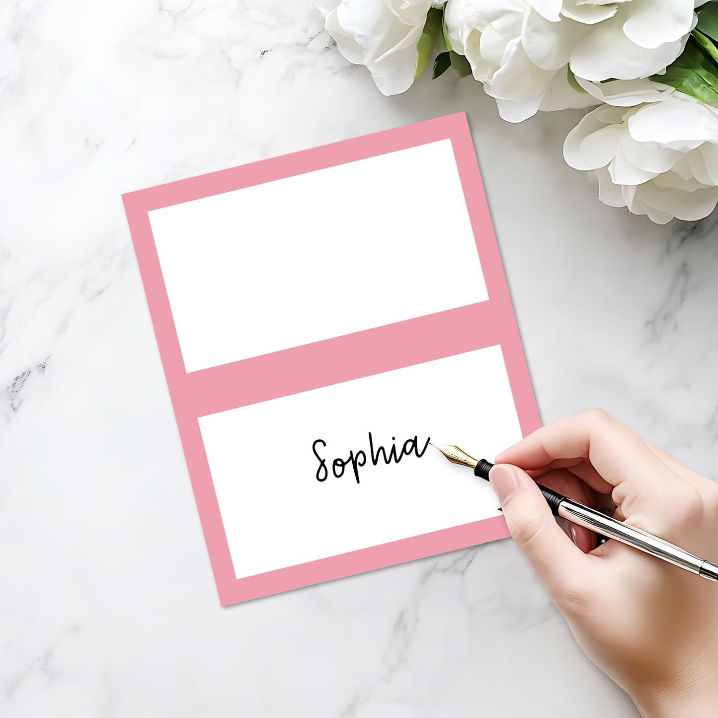 25 Pack Blush Pink Border Place Cards, Editable Name Cards for Table Setting, Tent Cards Food Label for Dinner Party, Bridal Shower, Wedding, Baby Shower and Events -T23