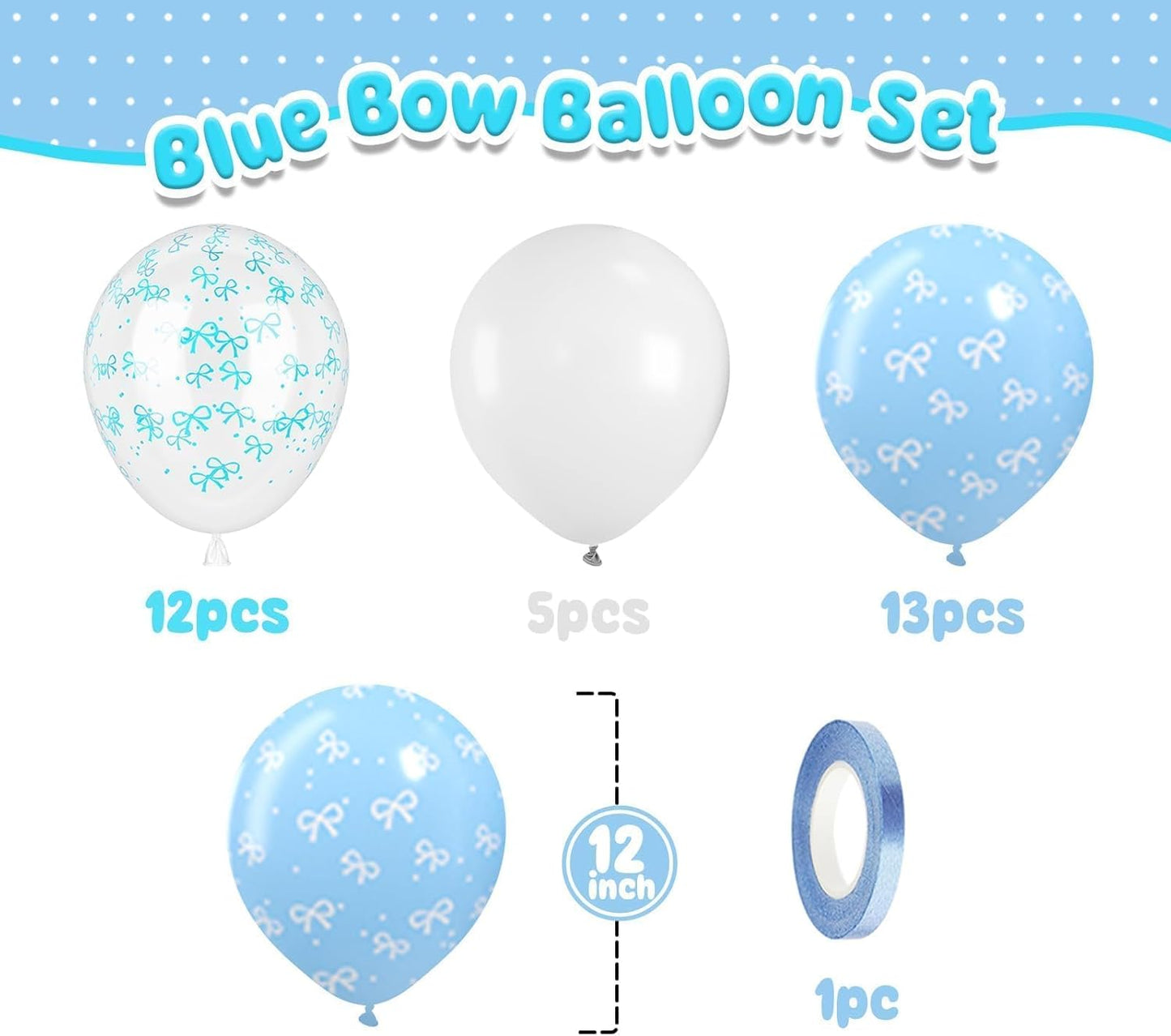 Blue Bow Balloons,12 Inch Pastel Light Blue Clear White Latex Balloon for Girls Women Birthday Bachelorette Bridal Wedding Anniversary Bow Theme Party Supplies