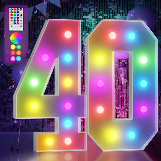 Marquee Numbers Colorful 40th-Birthday Decoration: 4FT Large Light Up 40 Year Old Birthday Decorations Anniversary Backdrop for Men Women Cardboard White Sign 18 Colors Number 40 Mosaic Balloon Frame