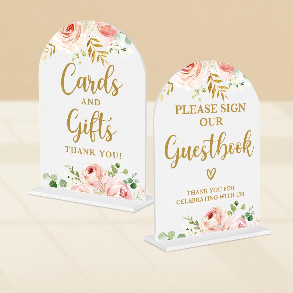 2 Pcs Acrylic Wedding Signs for Reception, Bridal Shower Decorations, Cards and Gifts Signs, Guest Book Sign, Arch Acrylic Table Top Sign with Holder for Wedding Reception (White Pink Flowers)