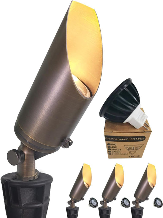 MALORY Brass Landscape Spotlight 4-Pack with 5W LED MR16 Bulb Kit(S03), 12V AC/DC Low Voltage Outdoor Landscape Lighting Shroud Adjustable,Ground Stake and Wire Connector Included,2700K Warm White