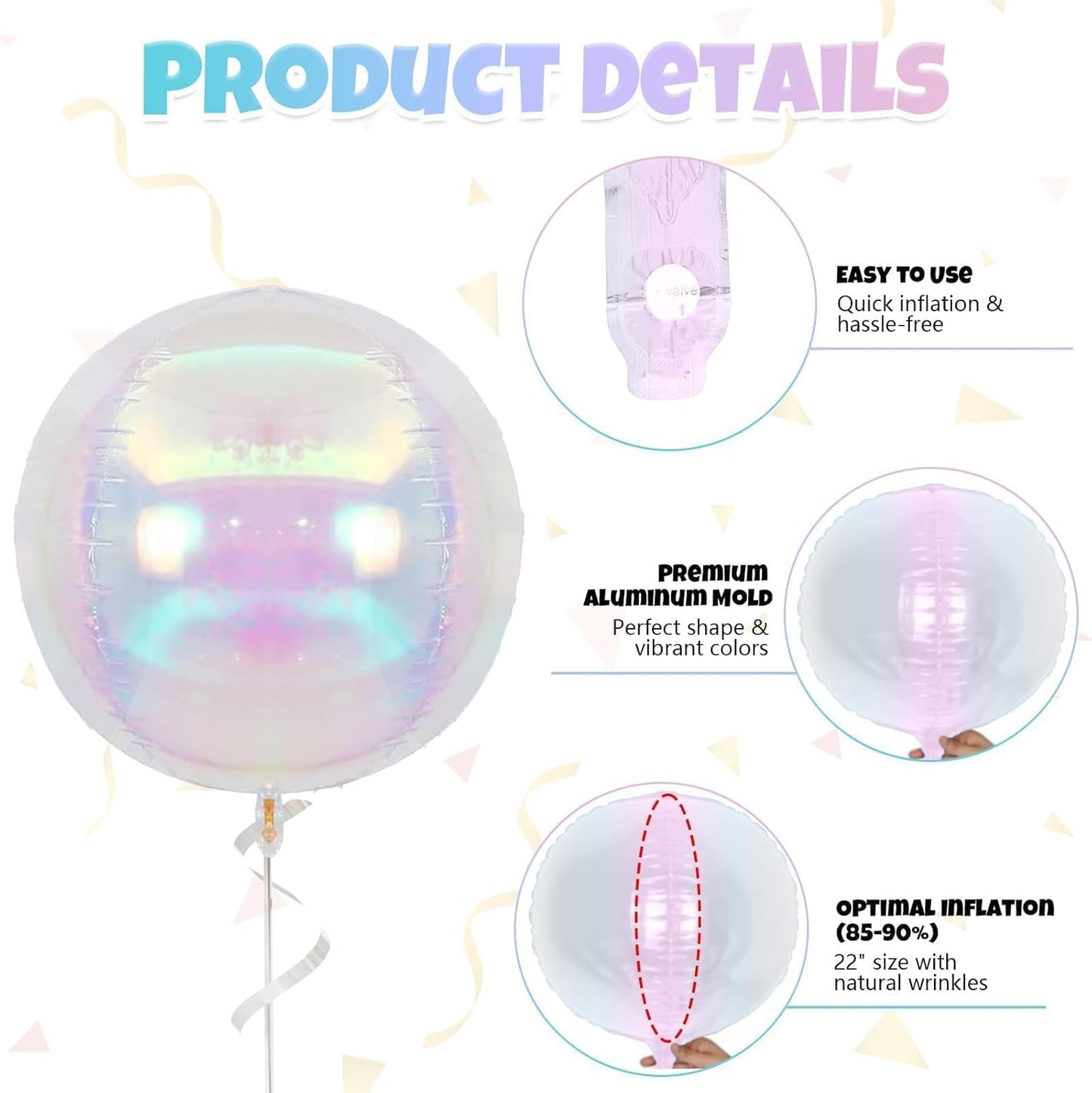 Giant 4D Foil Balloons, 6Pcs Large Metallic Iridescent Round Balloons, 22 Inch Big Round Foil Balloon for Mermaid Birthday Party Baby Shower Wedding Decorations