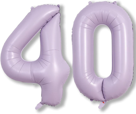 Light Purple Number 40 Birthday Balloons, 40 Inch Large Pastel Dusty Purple Mylar Foil Number 4 & 0 Balloons for Women, 40th Birthday Balloons for 40 Year Old Anniversary Party Decorations Supplies
