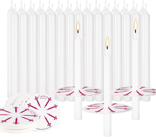 50 Church Candles with Drip Protectors for Devotional Candlelight Vigil Service, Box of 50 Candles, Unscented White 5" H X 1/2" D, No Smoke
