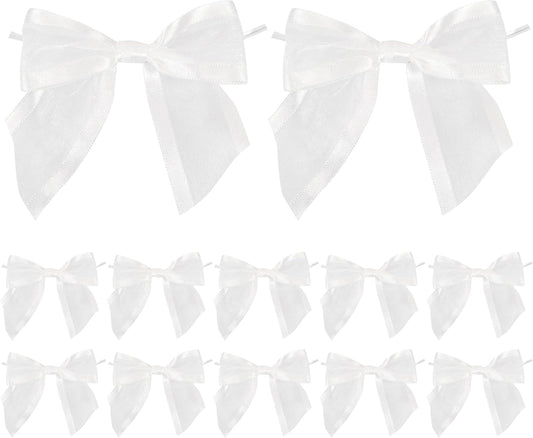 AIMUDI White Bows for Wedding Decor 4" Premade White Christmas Tree Bows Pre Tied White Bows for Crafts Small White Gift Bows Organza Fabric Bows for Treat Bags, Gift Wrapping, Baby Shower -12 Counts