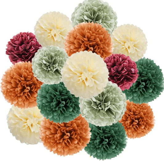 Fall Party Decorations 16pcs Orange Green Tissue Pom Pom Decorations Burgundy Sage Green Fall Decorations for Autumn Bridal Shower Baby Shower Wedding Birthday Engagement Party Decorations