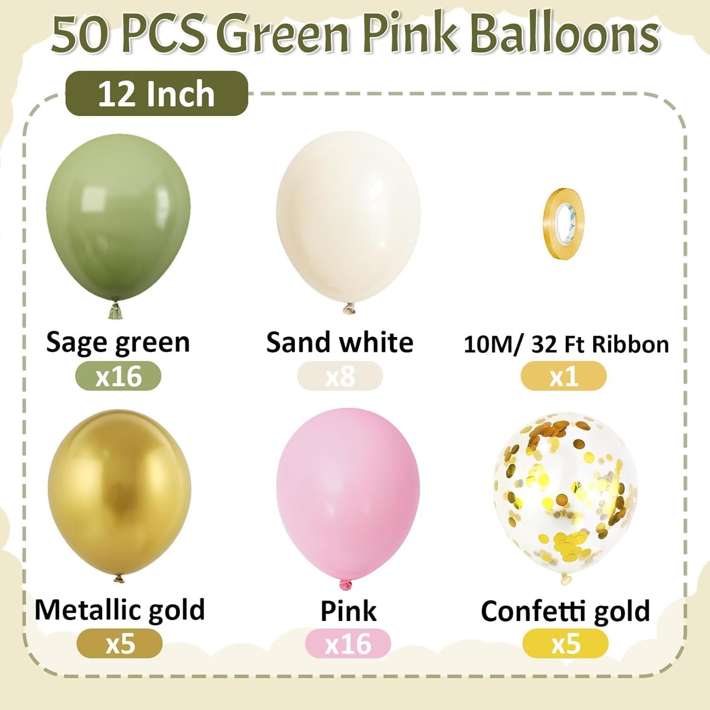 Paready Pink and Green Balloons, 50 PCS Sage Green Pink Balloons, 12 Inch Metallic Gold Confetti Avocado Green Sand White Balloons for Birthday Jungle Wedding Graduation Baby Shower Party Decorations