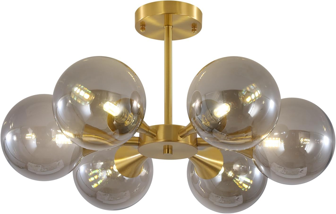 KCO 6-Lights Mid Century Modern Globe Ceiling Light Gold Sputnik Chandelier Smoke Gray Glass, Home Office