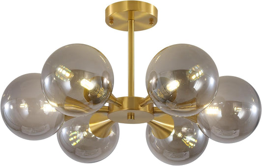 KCO 6-Lights Mid Century Modern Globe Ceiling Light Gold Sputnik Chandelier Smoke Gray Glass, Home Office