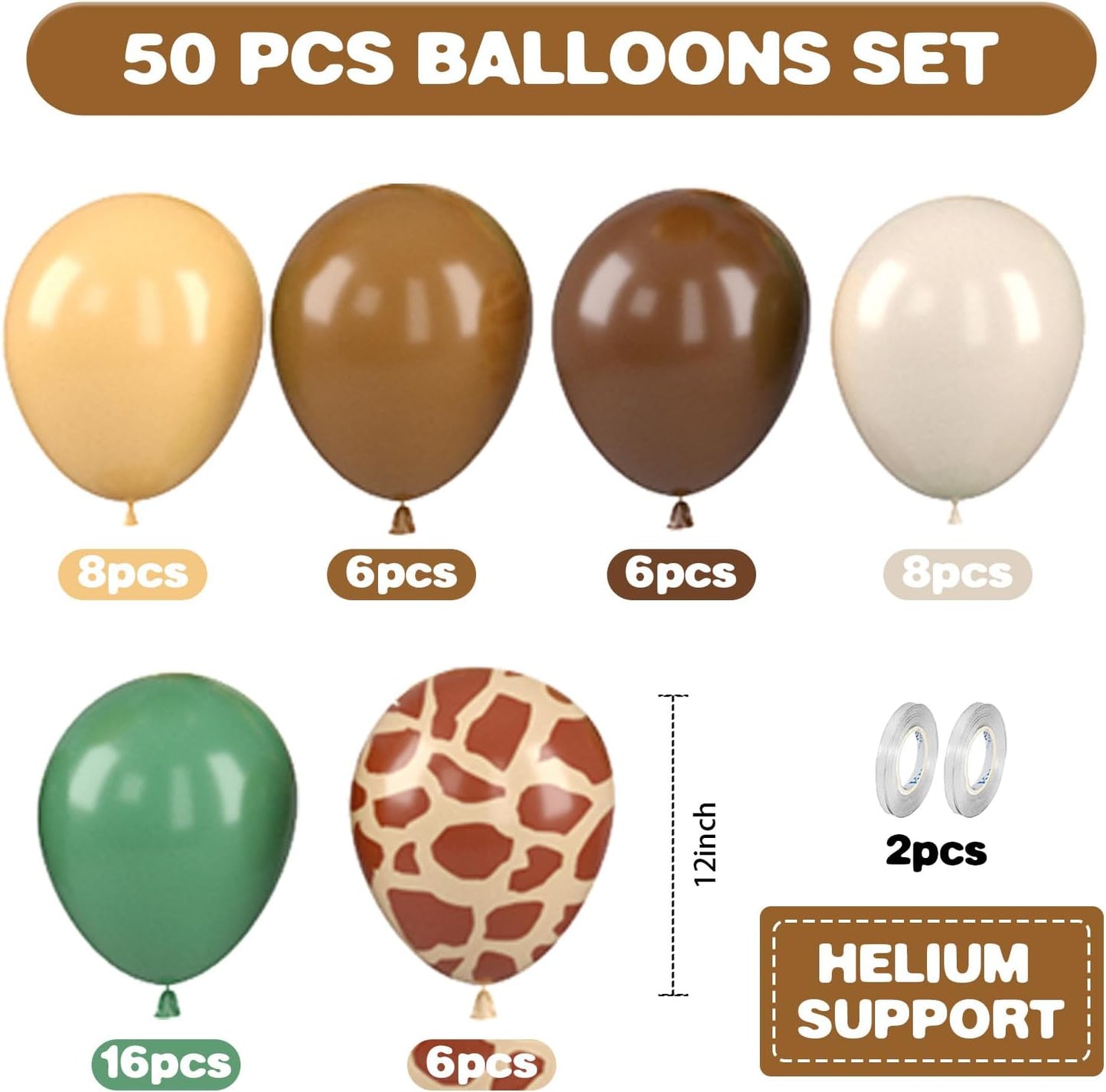 Jungle Balloons, 12 Inch Green and Brown Balloons, Sage Green Brown Apricot Giraffe Khaki Print Latex Balloon for Safari Baby Shower Forest Jungle Animal Theme Birthday Party Decorations