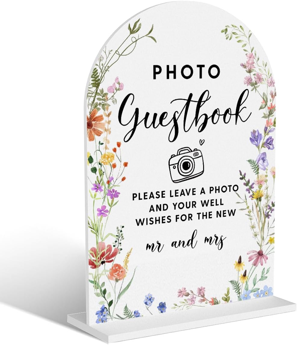 Acrylic Wedding Signs, Photo Guestbook Signs for Marriage Reception, Bridal Shower Decorations, Modern Arched Round Top Acrylic Table Top Sign with Holder for Wedding Party Dinner (White Wildflowers)