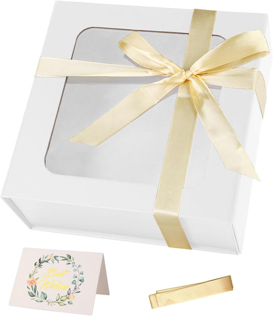 TIACABO White Gift Box with Window,7.5"x7.5"x3.1" Bridesmaid Boxe for Gifts Giving,Birthday Gift Boxes with Magnetic,Closure Lid Gifts Boxes for Presents,Cute Box,Luxury for Gift Packaging