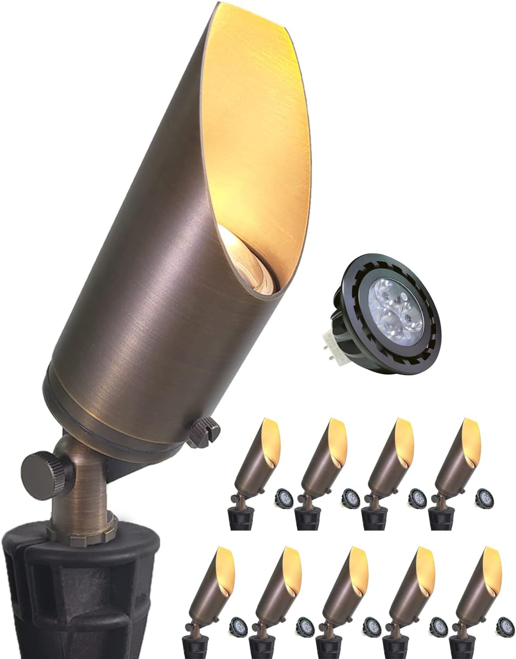 MALORY Brass Landscape Spotlight 10-Pack with 5W LED MR16 Bulb(S03), 12V AC/DC Low Voltage Outdoor Landscape Lighting Shroud Adjustable,Ground Stake and Wire Connector Included,2700K Warm White