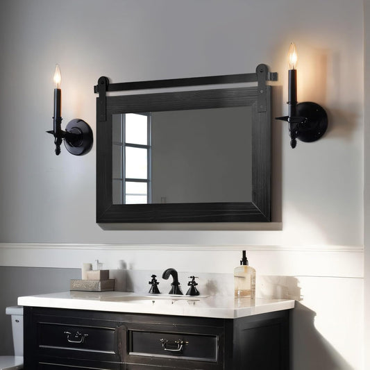 COGOOD Farmhouse Barn Door Mirror - 29" x 22" Rustic Wood Framed Wall Mirror for Bathroom, Living Room, Entryway Wall Decor (Black)