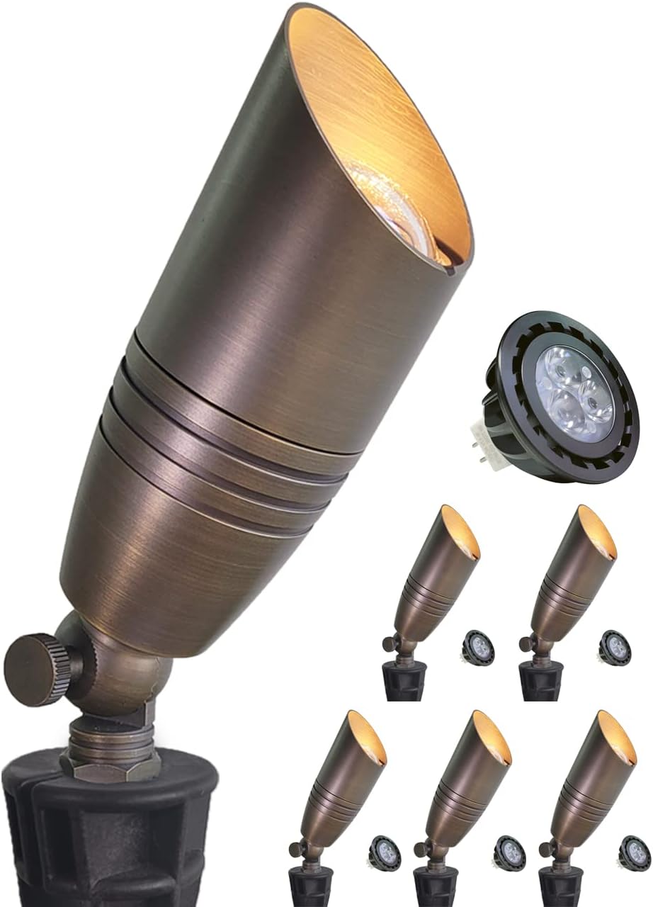 MALORY Brass Landscape Spotlights 6-Pack with Bulb Kit(S02), Low Voltage 12V AC/DC LED Outdoor Spot Uplights for House and Tree,PVC Ground Stake and Wire Connector Included, 5W 2700K Warm White