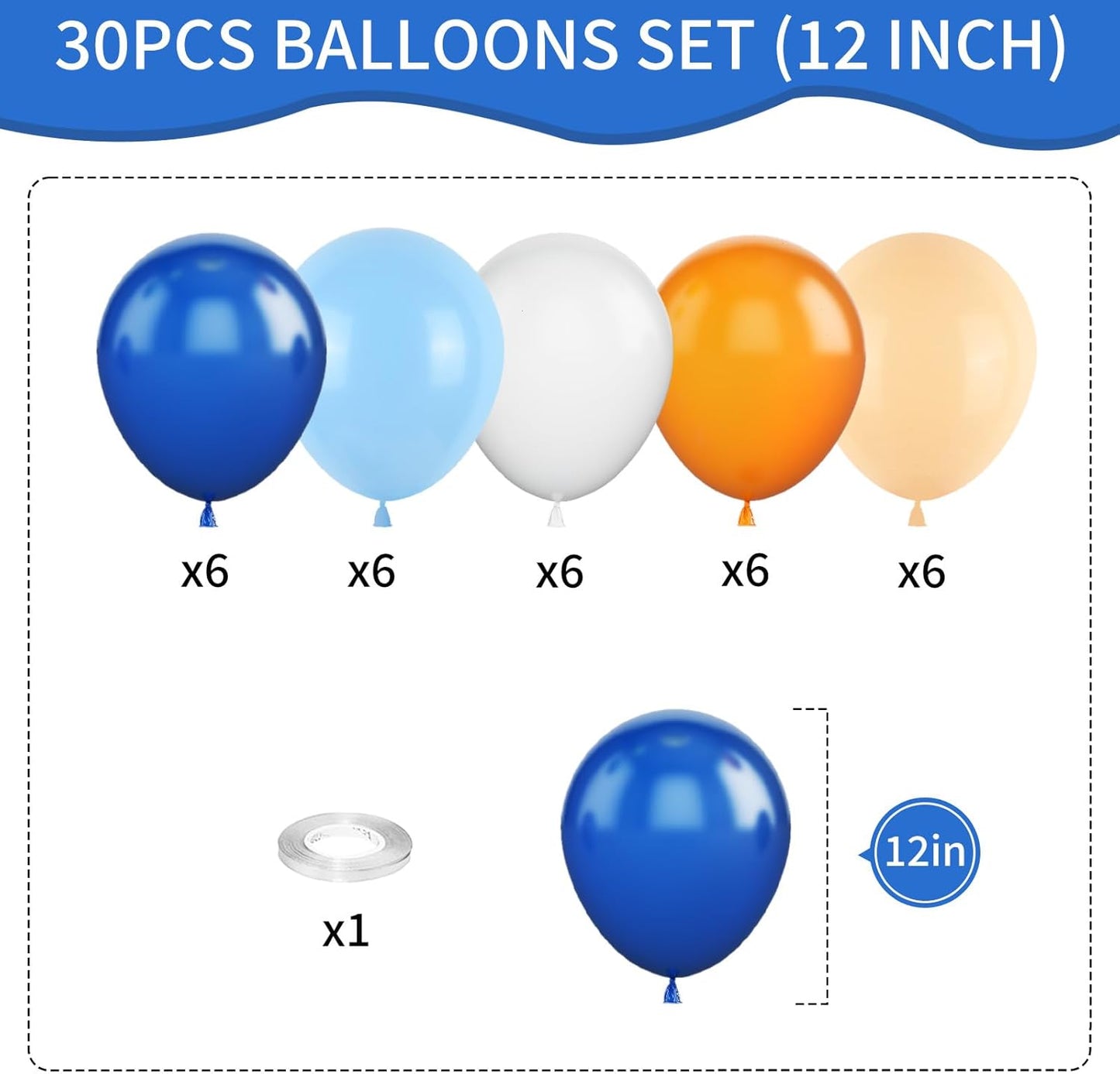 Orange and Blue Balloons, 12 Inch Orange White Blue Balloon Pastel Orange Royal Blue White Ballons with Ribbons for Birthday Baby Shower Graduation Engagement New Year Party Decorations