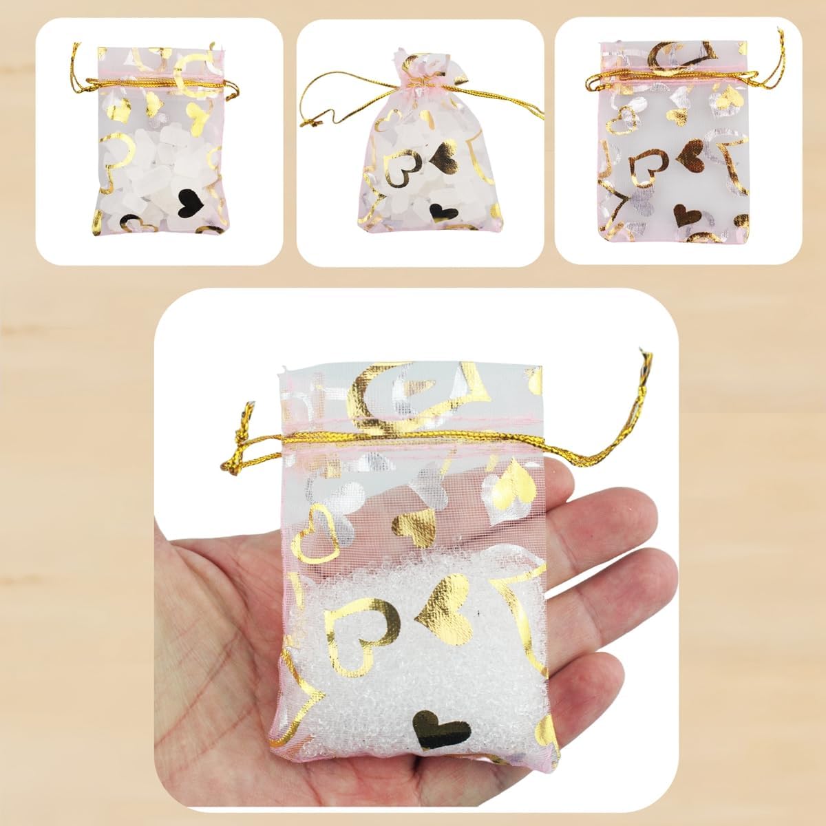 100 Pack 2.8 x 3.5 Inch Flower Heart Organza Jewelry Gift Pouch Candy Pouch Drawstring Wedding Favor Bags B511S (pink gold heart)