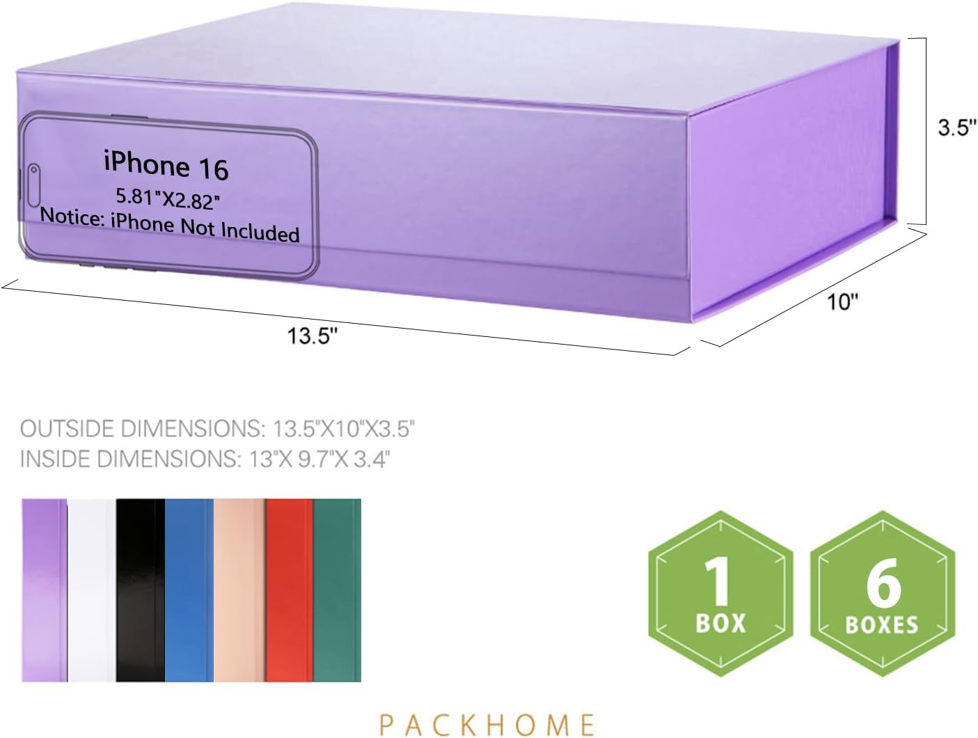 PACKHOME Large Gift Box 13.5x10x3.5 Inches, Sturdy Shirt Box with Magnetic Lid for Multiple Occasions (Glossy Purple)
