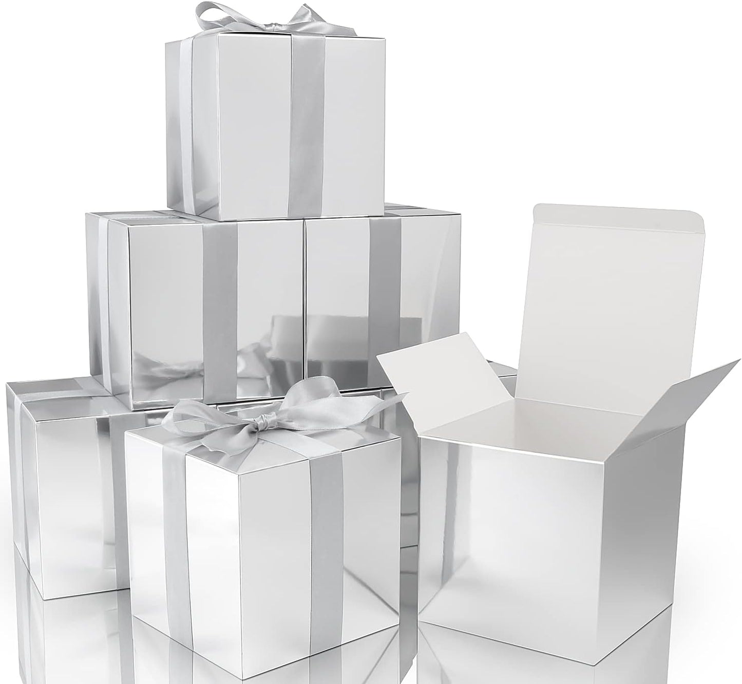 COTOPHER Small Gift Boxes 25 Pack 5x5x5 inches Silver Gift Boxes with Lids for Gifts, Crafting, Wedding Party Favor, Cupcake Boxes, Candy, Bridesmaids Proposal Box with Ribbons and Stickers