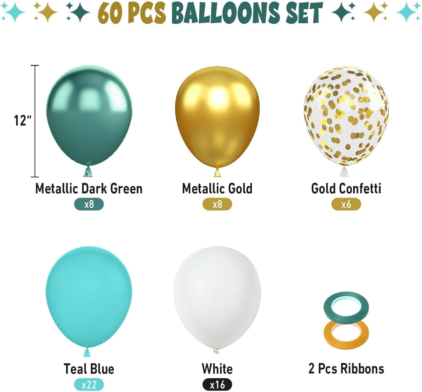FunHot Teal Balloons, 60 Pcs Gold Turquoise Balloons, 12 Inch Metallic Gold Dark Green Gold Confetti Balloon Teal Blue White Latex Balloon for Wedding Birthday Baby Shower Party Decorations