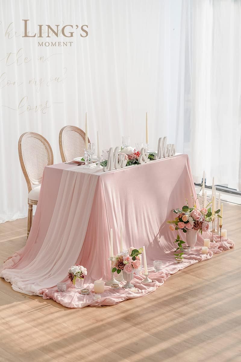 Ling's Moment Sheer Chiffon Table Cloth & Runner Set for 3x4ft Rectangle Table Decor in Dusty Rose & Blush for Wedding Reception and Parties