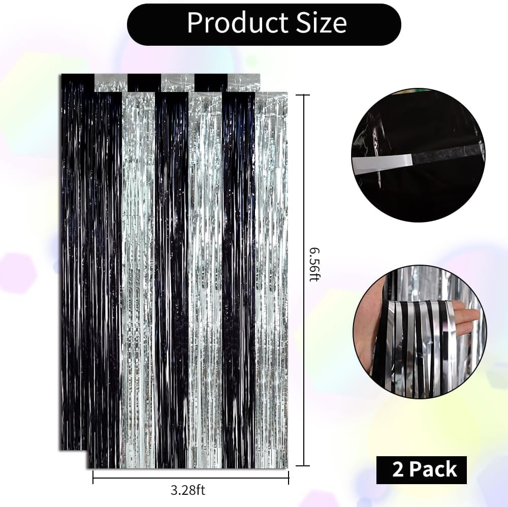 BEISHIDA 2Pcs Black Silver Door Streamers Congrats Grade 2025 Decoration Backdrop Foil Fringe Tinsel Party Streamers Curtains for Birthday Graduation Bachelorette Party Decoations (3.28 ft x 6.56 ft)