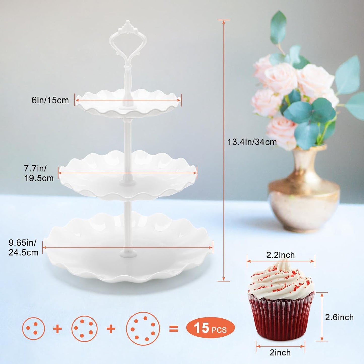 Coitak 3 Tier Cupcake Stand, Plastic Tiered Serving Stand, Dessert Tower Tray for Tea Party, Baby Shower and Wedding (Wavy-White Rod)