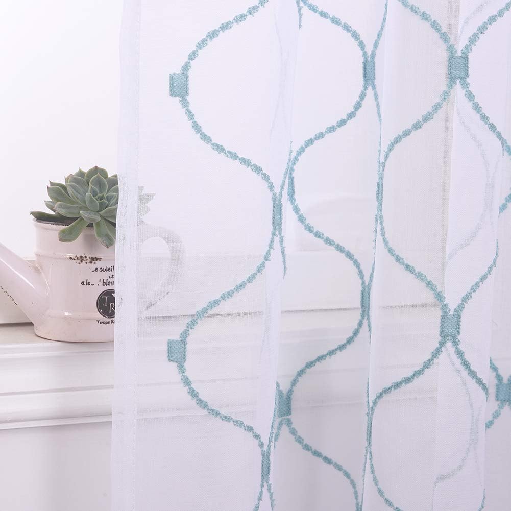 Embroidery Sheer Curtains Blue 63 Inches, Rod Pocket Voile Drapes for Living room, Bedroom, Window Treatments Wave Diamond Semi Crinkle Curtain Panels for Yard, Patio, Villa, Set of 2, 52"x 63".