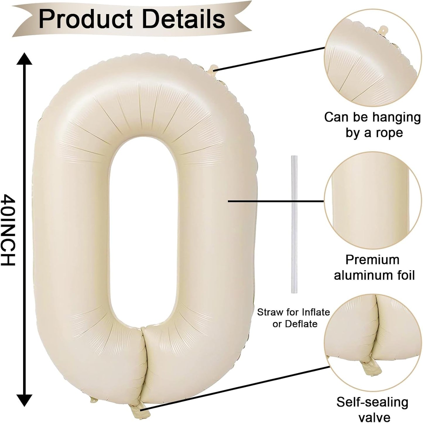 40 Inch Large Cream Numbers Balloons 0-9, Self Inflating White Sand Foil Number 0 Helium Balloon for Boy Girl, Big Beige Digit 0 Balloons for Women Men 30 40 50 60 70 80 100 Birthday Party Decoration