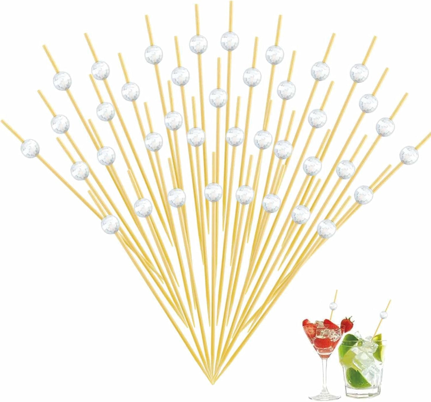 120 Pcs Glitter Ball Cocktail Picks 4.7" Drinks Fruits Hawaiian Party Food Garnish Skewer Sticks Halloween Decorations Supplies Cowboy Handmade Bamboo Toothpicks