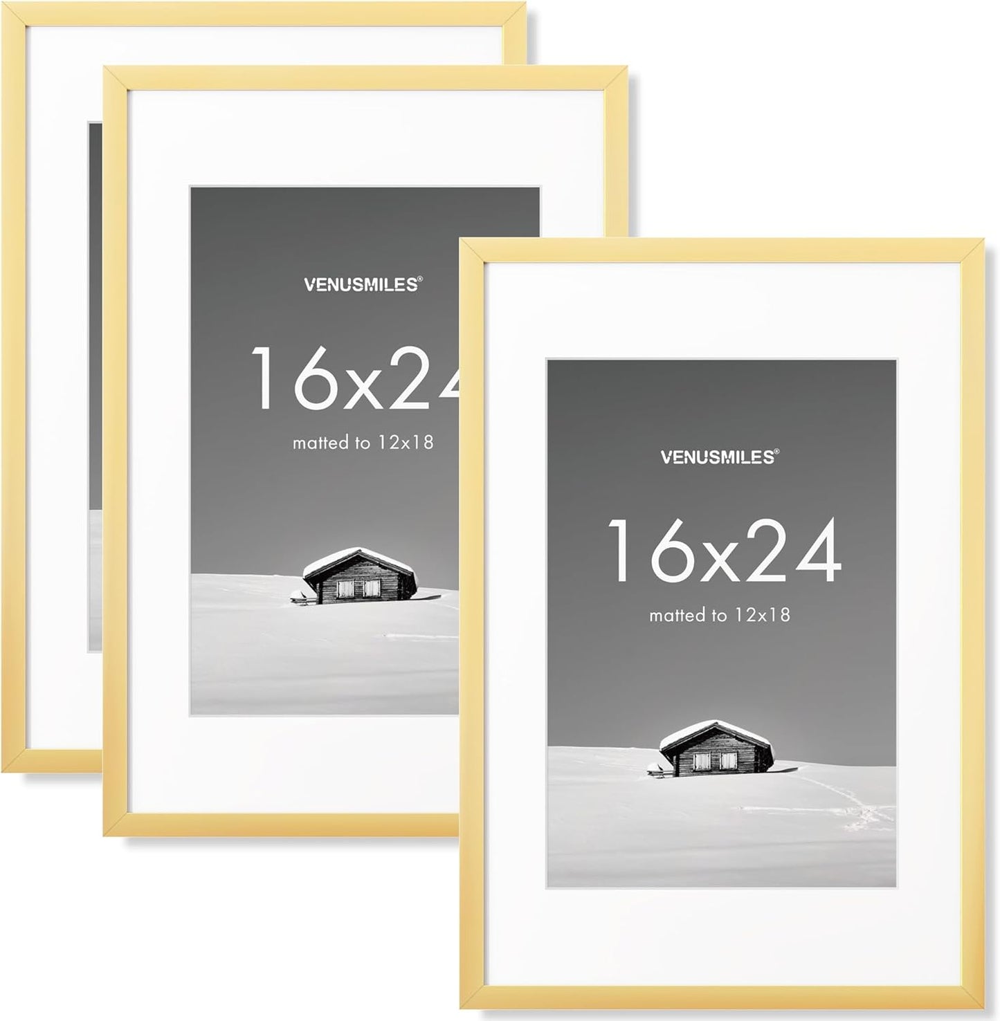 16x24 inch Picture Frame, 16x24 Photo Frames with 12x18 Removable Mat - High Definition Plexiglass - Vertical and Horizontal Display - Wall Hanging Poster Frame - Gold, 3 Pack