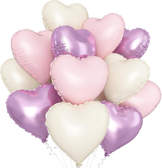 Pink Purple White Heart Balloons,12Pcs 18Inch Baby Pink Purple Cream White Heart Shaped Foil Helium Balloons for Baby Shower Birthday Anniversary Wedding Engagement Party Decorations