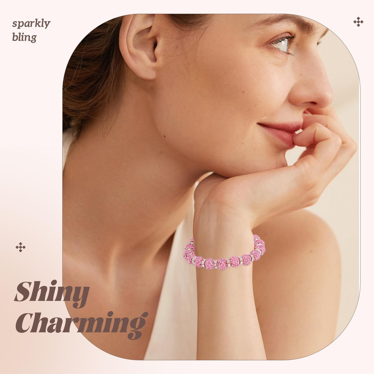 160pcs 10mm Rhinestone Beads for Jewelry Making, Pink Shiny Round Disco Ball Beads Bulk, Sparkle Crystal Clay Christmas for Bracelet Baseball Necklace Earring Crafting and DIY