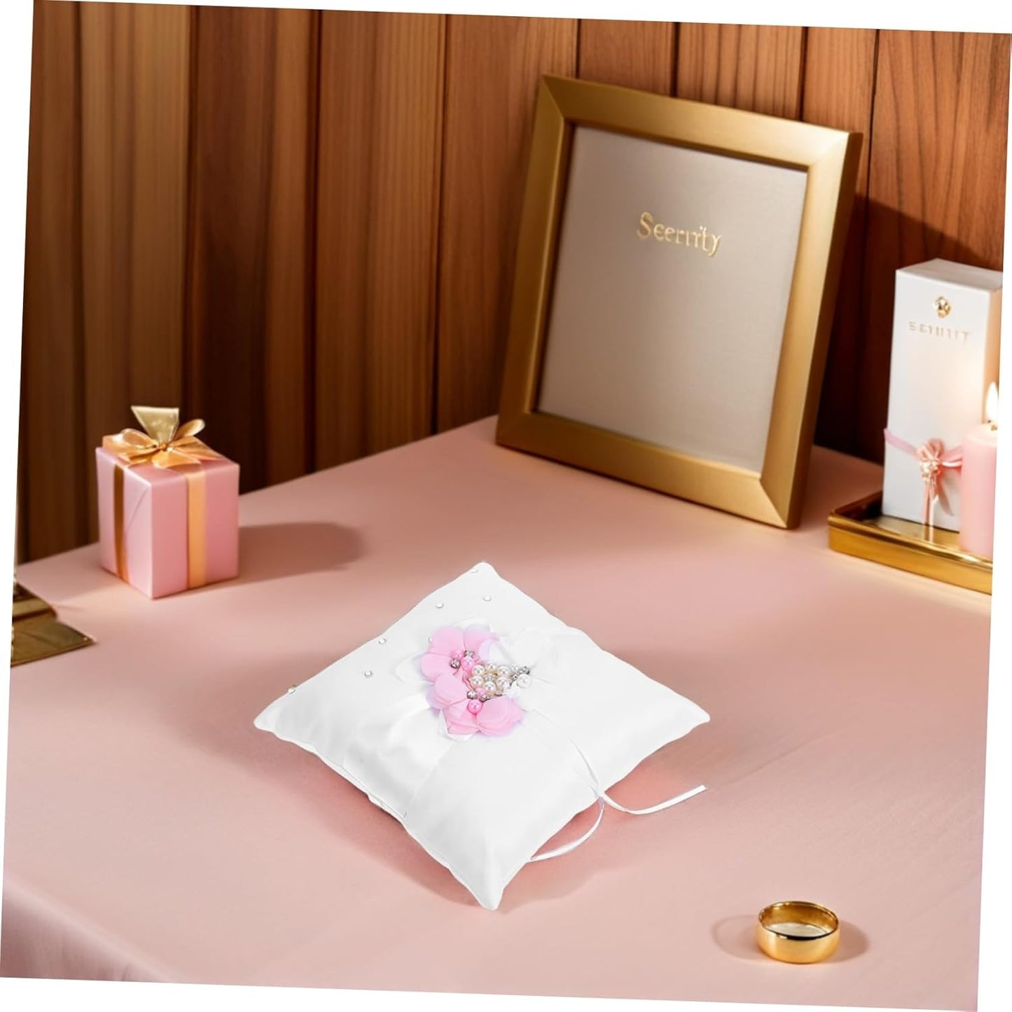 Floral Wedding Ring Bearer Pillow 20x20cm - Satin with Ribbon & Faux Pearls, Elegant Ceremony Decor for Bride and Flower Girl Accessories