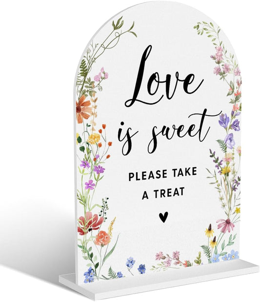 Acrylic Wedding Signs, Love is Sweet Signs for Marriage Reception, Bridal Shower Decorations, Modern Arched Round Top Acrylic Table Top Sign with Holder for Wedding Party Dinner (White Wildflowers)
