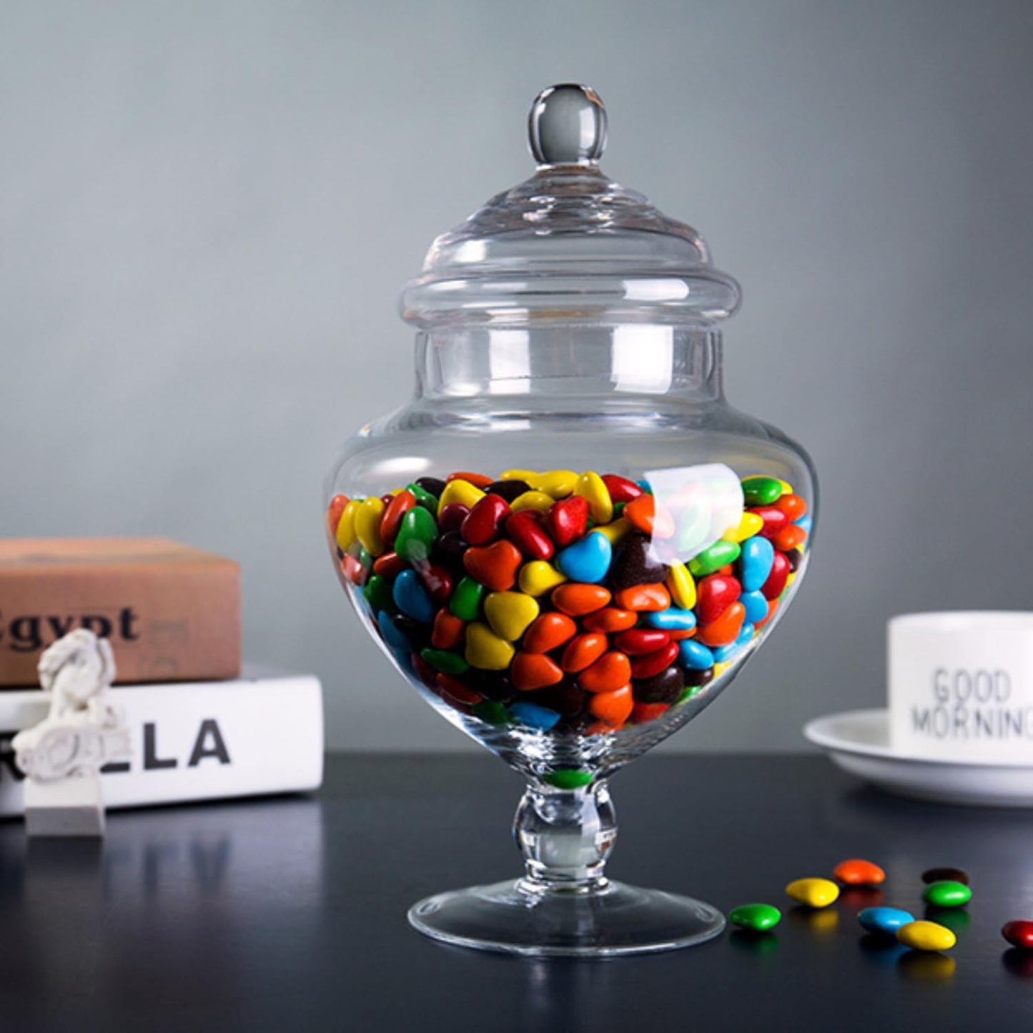 Diamond Star Clear Glass Apothecary Jars, Heart Shape Small Candy Buffet Display Elegant Storage Jar, Decorative Party Wedding Candy Organizer Canisters Xmas Gift (H: 9", D: 5"; 28 FL.OZ)