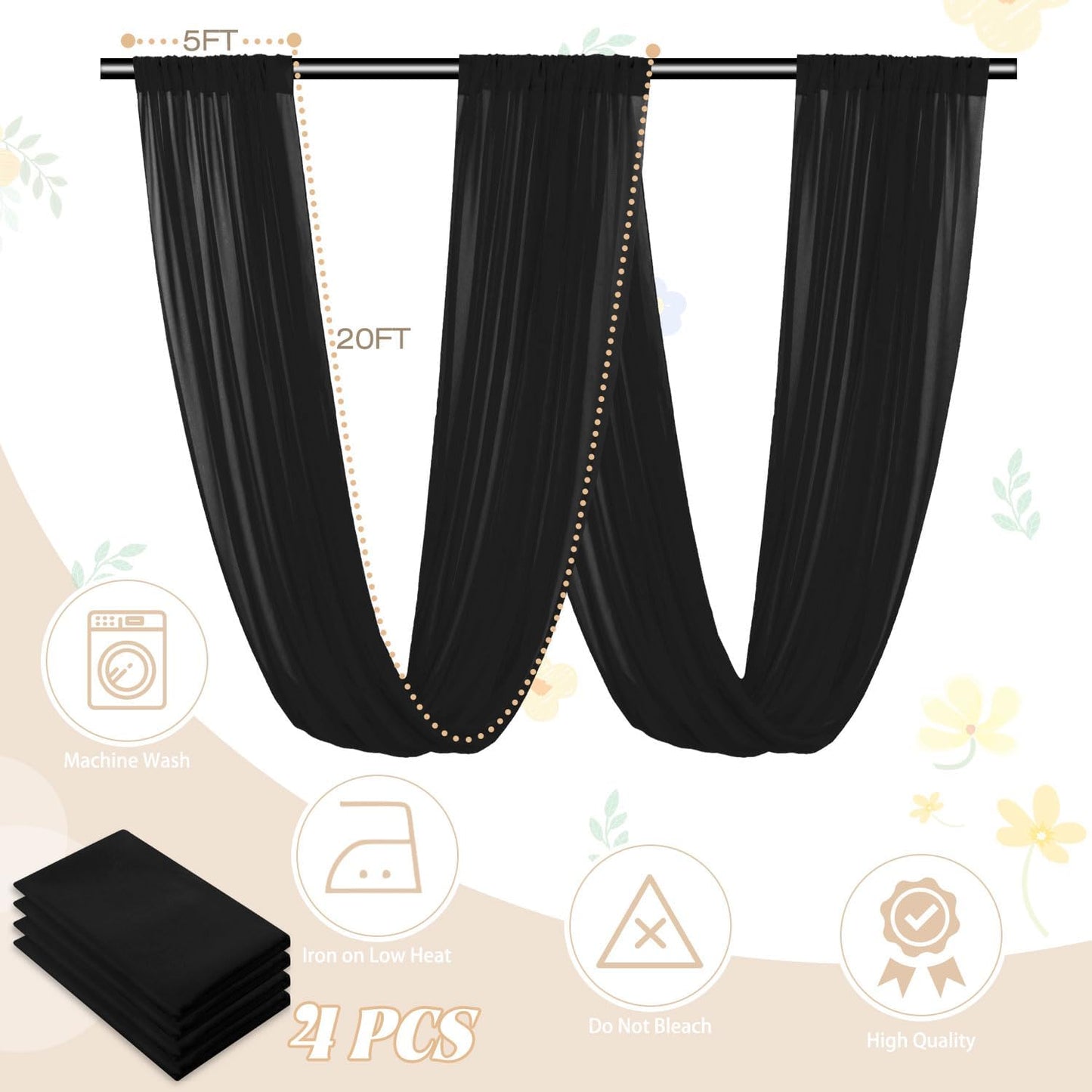 FUHSY Ceiling Drapes Black Wedding Arch Draping Sheer Backdrop Curtains for Parties 4 Panels 5x20 FT Chiffon Fabric for Drapey Tulle Curtains Tent Ceiling Fabric Draping Fabrics Decorations
