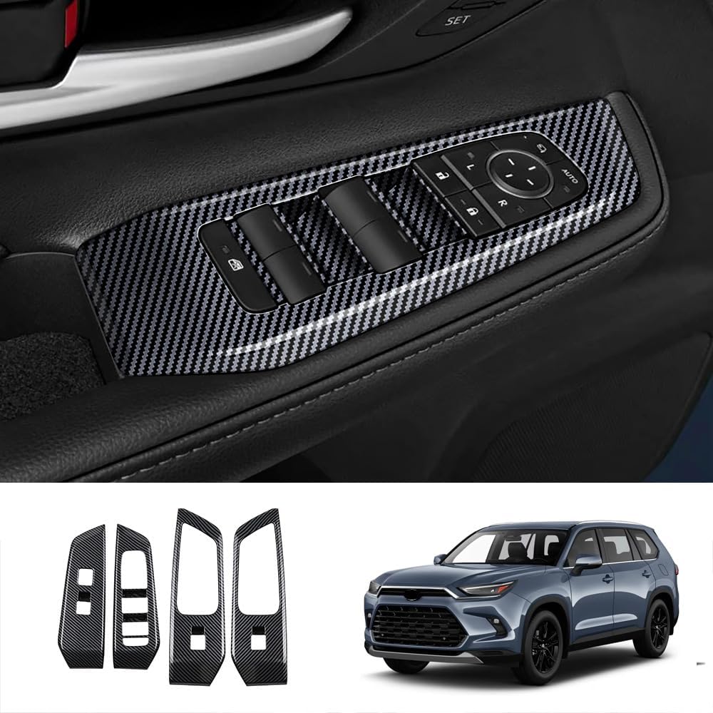 4pcs Carbon Fiber Style Front Rear Doors Window Glass Lift Switch Panel Cover Decorative Sticker Protection Car Interior Accessories for 2024-2025 Toyota Grand Highlander KT18