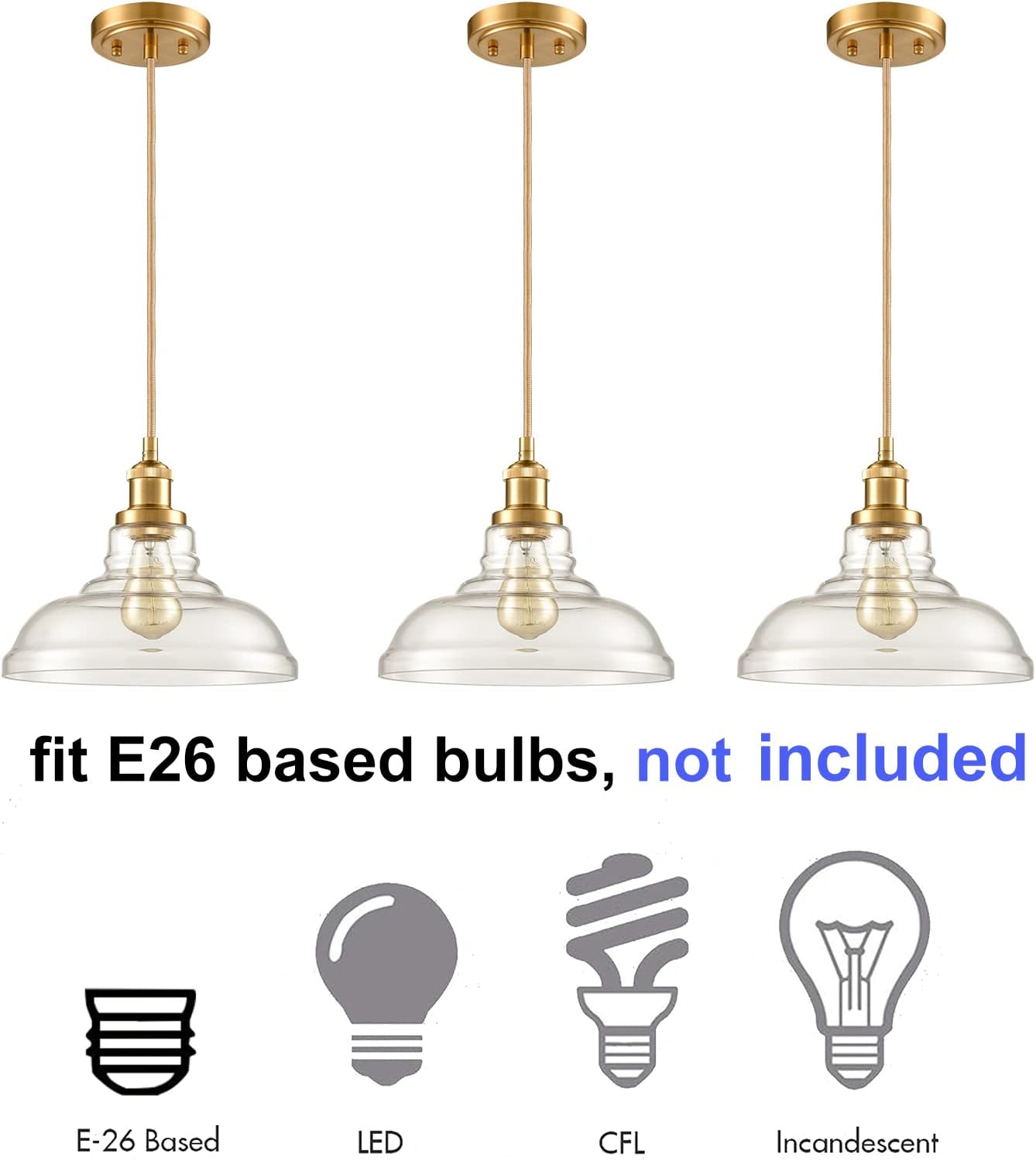 CLAXY Modern Gold Pendant Light Classic Glass Dome Kitchen Hanging Light Fixture-3 Pack