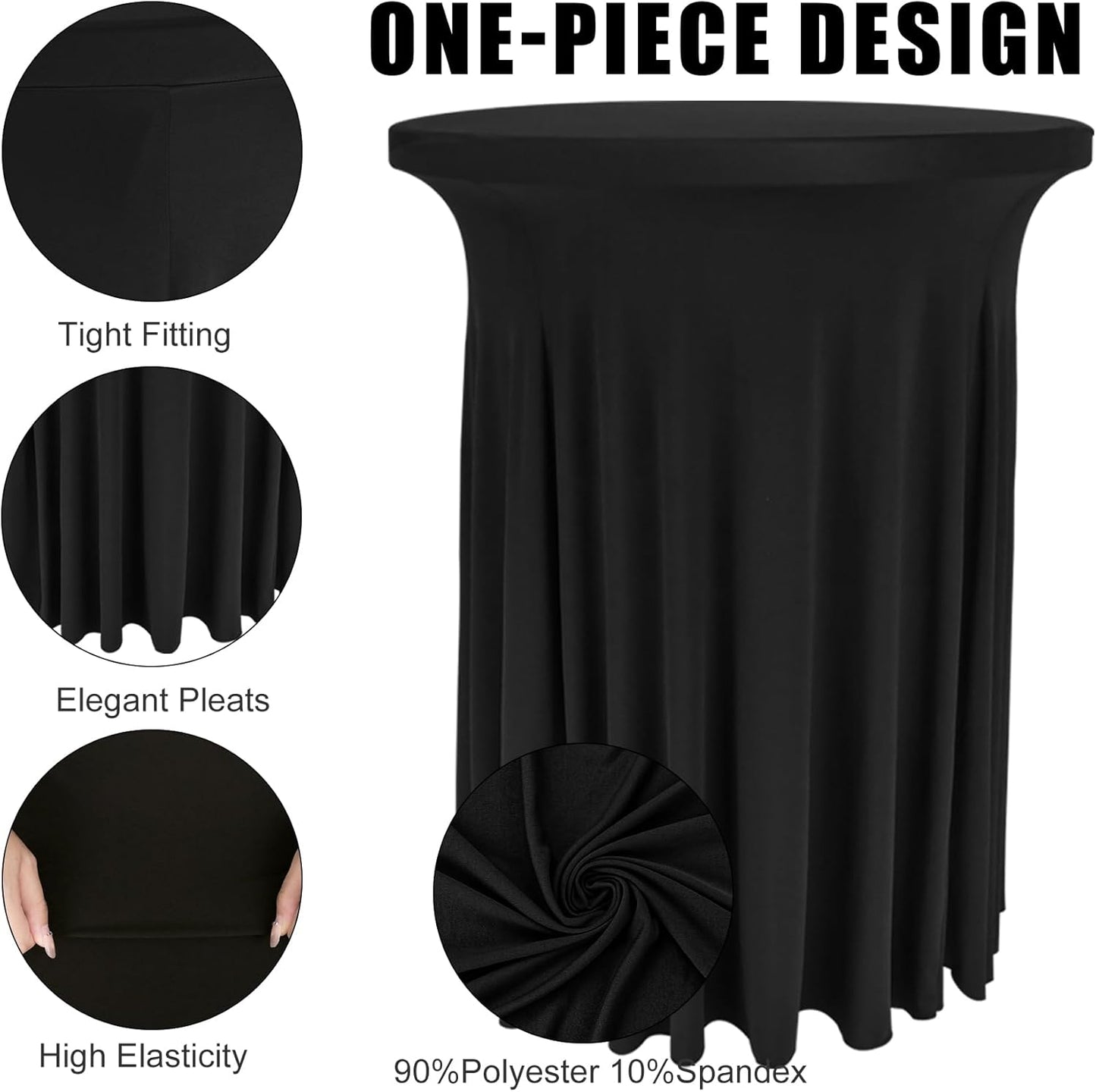 6 Pack Round Cocktail Tablecloth 32"x 43" Spandex Cocktail Table Skirt, Washable Stretch Fitted Table Covers for High Top Bar,Wedding,Party,Events (Black)