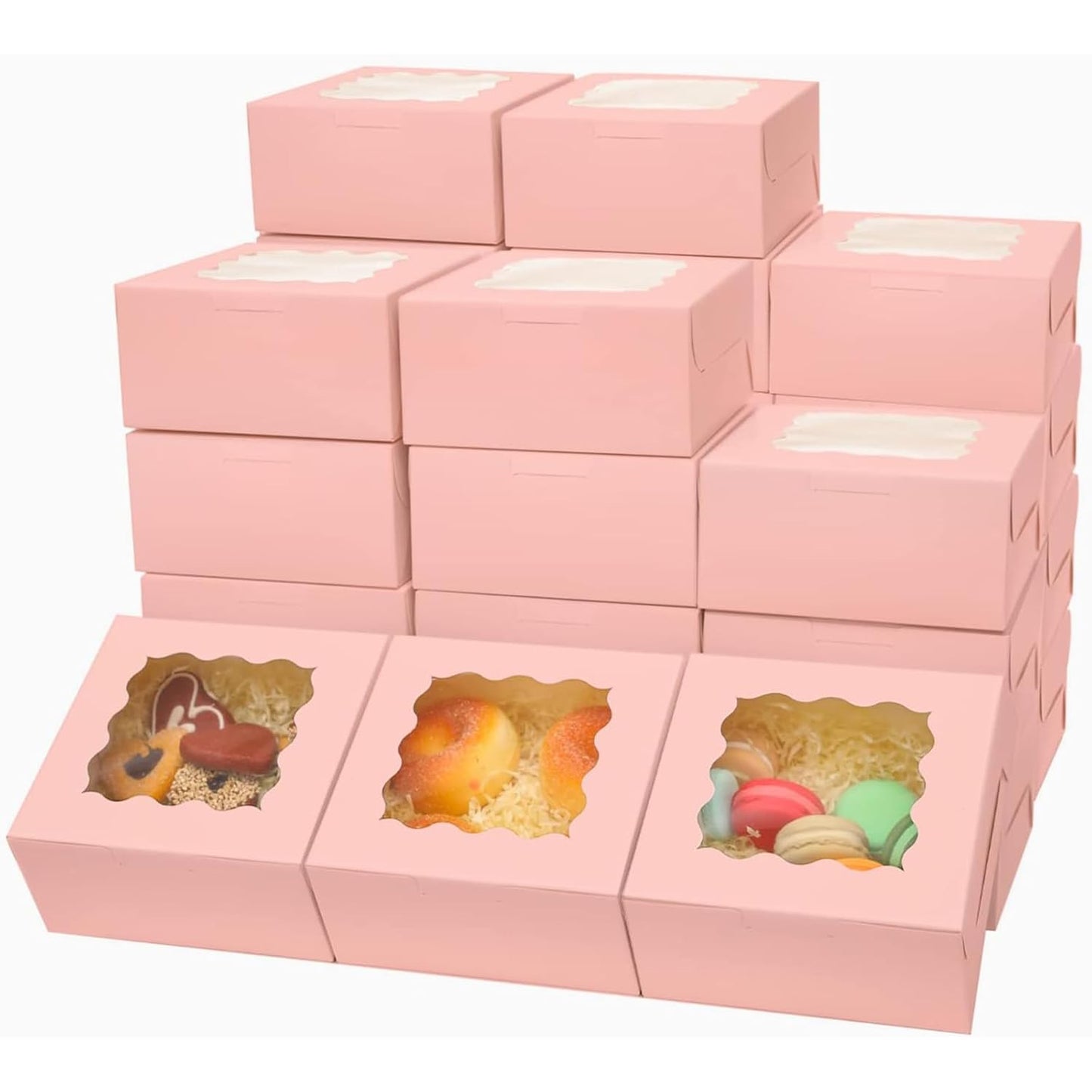 Bakepacker Pink Bakery Boxes with Window 6x6x3 inches Thick & Sturdy Macaroon Pastry Boxes Cookie Boxes for Bakerys（60-Packs）