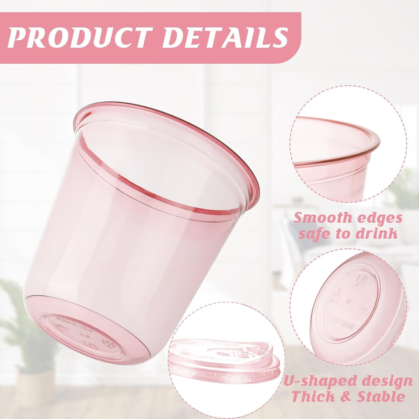 12oz Disposable Stemless Glasses With Strawless Sip Lids,PET Disposable Drinking Cups,Clear Plastic Wine Glasses for Parties Birthday,Wedding,Meeting,Christmas Party Supplies. (50, Pink)